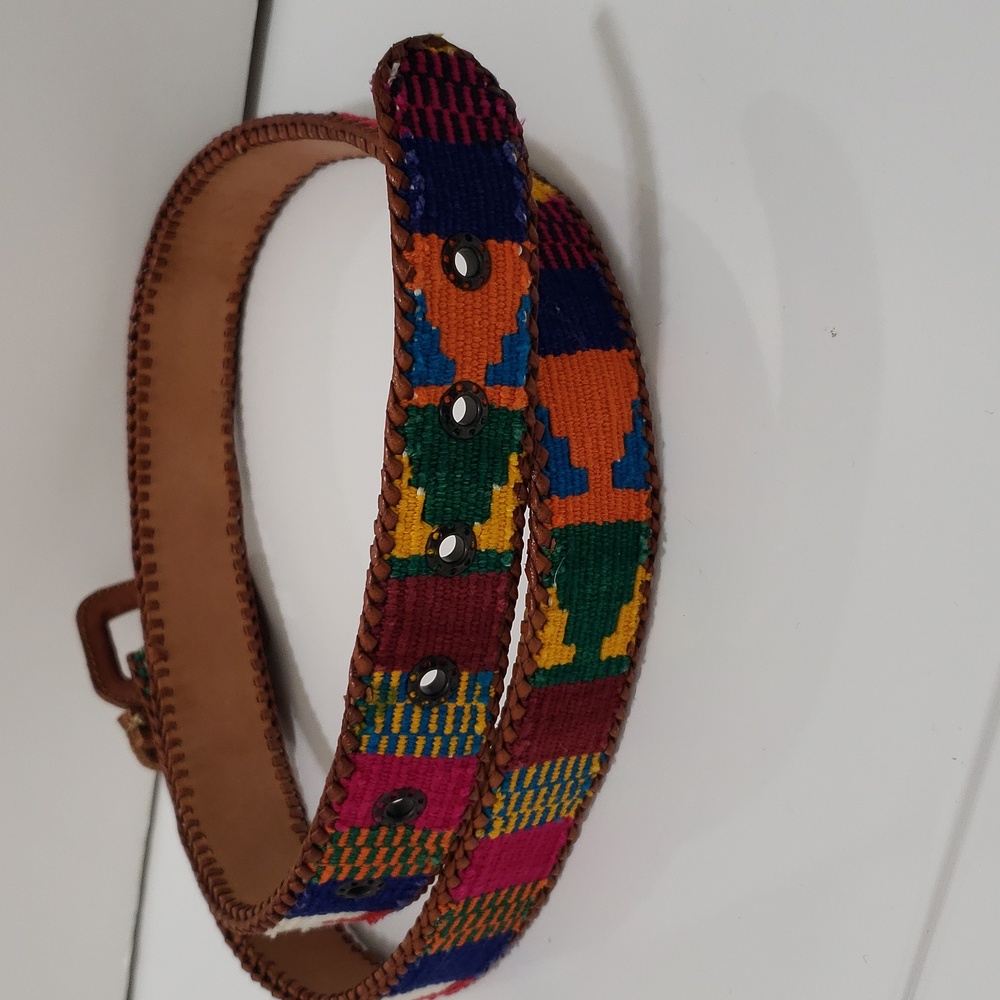 Vintage Guatemalan Handmade Whipstitch Leather and Woven Textile Belt - Picture 3 of 6